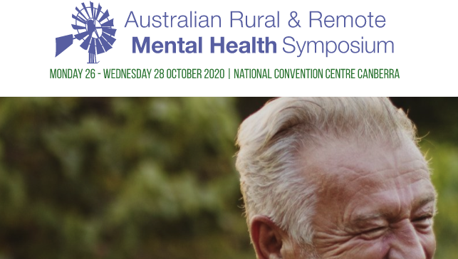 Australian Rural and remote mental health symposium logo on white background, cropped photo of older man outdoors